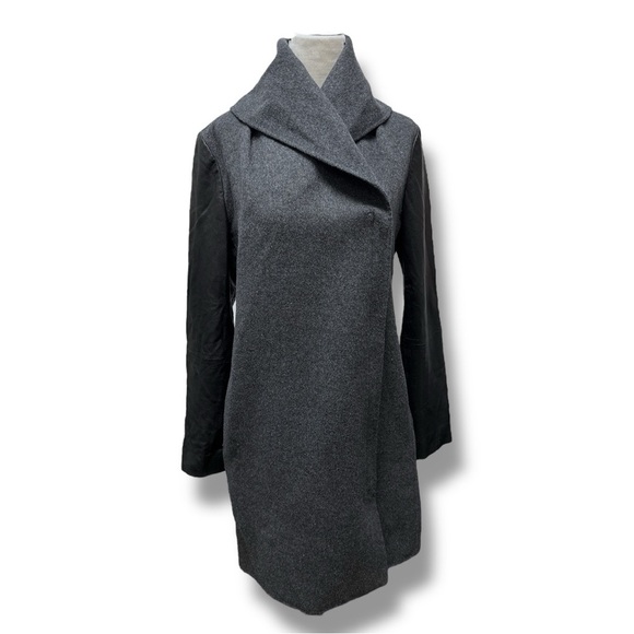 Vince Gray and Black Wool and Leather Asymmetrical Zip Coat Shawl Collar - Picture 2 of 16
